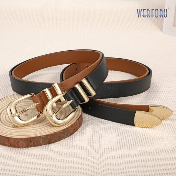 Women Leather Belt 2-Pack Western Waist Belts for Jeans with Gold/Silver Buckle